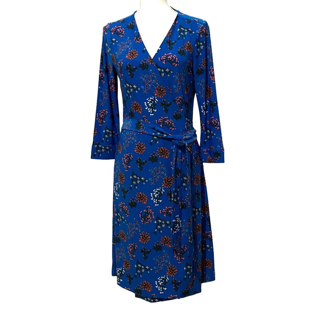 Floral True‎ Wrap Dress M Blue Bloomcore Boho Chic Vibrant Color Spring Romantic